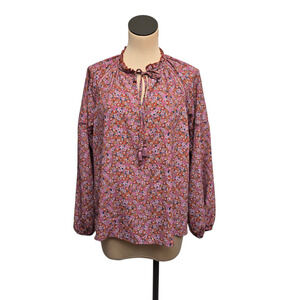 Sanctuary Blouse Womens Medium Pink‎ Orange Floral Boho Peasant Top Tassel Tie